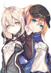  &gt;:/ 2girls ahoge aqua_eyes artoria_pendragon_(all) bangs baseball_cap black-framed_eyewear black_choker black_jacket blonde_hair blue_jacket blue_scarf blush breasts choker closed_mouth fal_maro fate/grand_order fate_(series) fingernails frown hair_between_eyes hair_through_headwear hand_on_another&#039;s_face hat highres hood hooded_jacket jacket long_hair long_sleeves looking_at_viewer medium_breasts multiple_girls mysterious_heroine_x mysterious_heroine_x_(alter) open_clothes open_jacket ponytail scarf semi-rimless_eyewear shirt silver_hair simple_background unzipped upper_body white_background white_shirt yellow_eyes zipper_pull_tab 