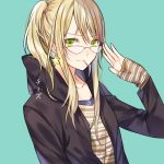  1girl aihara_yuzu artist_name black_jacket blonde_hair brown_shirt chi_zu_crazy citrus_(saburouta) collarbone eyebrows_visible_through_hair glasses green_background green_eyes hair_between_eyes hood hooded_jacket jacket long_hair looking_at_viewer mouth_hold open_clothes open_jacket shirt side_ponytail simple_background smile solo striped striped_shirt upper_body 