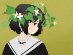  1girl akai_sashimi black_hair black_shirt bob_cut close-up expressionless eyelashes face flower flower_request grey_eyes head_wreath leaf looking_away original profile sailor_collar shirt short_hair simple_background solo_focus upper_body white_flower white_shirt yellow_background 