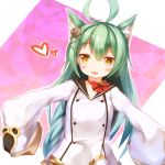  1girl :3 :d ahoge akashi_(azur_lane) animal_ears azur_lane bangs bell black_sailor_collar blush bow braid brown_eyes cat_ears commentary_request dress eyebrows_visible_through_hair green_hair hair_between_eyes hair_ornament heart jingle_bell long_hair long_sleeves looking_at_viewer matamataro mole mole_under_eye open_mouth outstretched_arms red_bow sailor_collar sailor_dress sleeves_past_fingers sleeves_past_wrists smile solo very_long_hair white_dress 