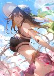  1girl armlet bikini black_bikini blue_eyes blue_sky breasts brown_hair clouds cloudy_sky contrapposto cowboy_shot dutch_angle flower from_side granblue_fantasy hair_between_eyes hat hat_flower highres kakage long_hair looking_at_viewer medium_breasts outdoors parted_lips petals rosetta_(granblue_fantasy) sarong sidelocks sky smile solo sun_hat sunlight swimsuit very_long_hair 
