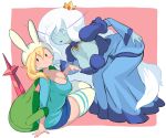  2girls adventure_time animal_ears animal_hood assisted_exposure backpack bag blonde_hair blue_dress blue_skin blue_skirt blush breasts cleavage crown dress eyebrows fionna_the_human_girl gashi-gashi genderswap genderswap_(mtf) hand_on_own_ass hood ice_queen juliet_sleeves large_breasts long_hair long_sleeves looking_at_viewer multiple_girls pink_background puffy_sleeves pulled_by_another rabbit_ears skirt sword thigh-highs very_long_hair weapon white_background white_hair wide_sleeves zettai_ryouiki 