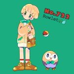  1boy beak bird blonde_hair bowl_cut brown_footwear character_name freckles gen_7_pokemon green_background head_tilt mameeekueya moemon owl personification poke_ball pokemon pokemon_(creature) pokemon_number rowlet short_hair shorts simple_background 