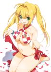  1girl 2018_fifa_world_cup ahoge bare_arms bare_legs bare_shoulders bikini blonde_hair breasts checkered checkered_bikini cleavage commentary_request croatia earrings fate/grand_order fate_(series) full_body green_eyes highres inoue_sora jewelry long_hair nail_polish nero_claudius_(fate)_(all) nero_claudius_(swimsuit_caster)_(fate) nike open_mouth petals red_bikini side-tie_bikini sitting smile soccer solo stomach swimsuit white_background world_cup 