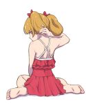  1girl aisaki_emiru bare_shoulders barefoot brown_hair commentary_request dress from_behind hair_ribbon hugtto!_precure looking_at_viewer looking_back nape precure red_dress red_eyes red_ribbon ribbon short_hair sitting solo twintails uyoshi 