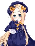  1girl :p abigail_williams_(fate/grand_order) absurdres azetsuraito bangs black_bow blonde_hair blue_dress blue_eyes blue_hat blush bow closed_mouth commentary_request dress fate/grand_order fate_(series) forehead hair_bow hand_up hat heart highres long_hair long_sleeves looking_at_viewer orange_bow parted_bangs polka_dot polka_dot_bow simple_background sleeves_past_fingers sleeves_past_wrists smile solo tongue tongue_out very_long_hair white_background 