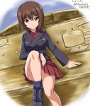  1girl ankle_boots arm_support artist_name bangs black_footwear black_jacket black_legwear boots brown_eyes brown_hair closed_mouth commentary cross-laced_footwear dress_shirt dutch_angle eyebrows_visible_through_hair girls_und_panzer ground_vehicle jacket kuromorimine_military_uniform lace-up_boots leg_up long_sleeves looking_at_viewer military military_uniform military_vehicle miniskirt motor_vehicle nishizumi_maho pleated_skirt red_shirt red_skirt shirt short_hair signature sitting skirt smile socks solo tank tiger_i twitter_username uniform wing_collar zanntetu 