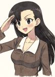  1girl :d asymmetrical_bangs bangs brown_eyes brown_hair brown_jacket commentary cropped_torso eyebrows_visible_through_hair girls_und_panzer jacket long_hair long_sleeves looking_to_the_side meis_(terameisu) military military_uniform nishi_kinuyo open_mouth salute shirt simple_background smile solo standing uniform upper_body v-shaped_eyebrows white_background white_shirt 