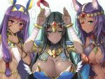  3girls animal_ears bandage bandaged_arm bandages bangs blush breasts dark_skin earrings eyebrows_visible_through_hair facial_mark fate/grand_order fate_(series) hairband highres jewelry large_breasts long_hair looking_at_viewer multiple_girls nitocris_(fate/grand_order) one_eye_closed purple_hair queen_of_sheba_(fate/grand_order) scheherazade_(fate/grand_order) simple_background smile violet_eyes youshuu 