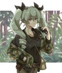  1girl alpachiiino anchovy bag bangs belt_pouch binoculars black_ribbon black_shirt brown_belt brown_pants camouflage_jacket carrying closed_mouth commentary dappled_sunlight day drill_hair eyebrows_visible_through_hair girls_und_panzer green_hair hair_ribbon hand_in_pocket holding holding_binoculars jacket letterboxed long_hair long_sleeves open_clothes open_jacket outdoors pants pouch red_eyes ribbon satchel shirt smile solo standing sunlight twin_drills twintails upper_body 