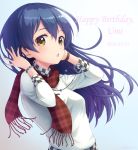  1girl arms_up bangs birthday blue_hair blush character_name checkered commentary_request dated hair_between_eyes happy_birthday heart long_hair looking_at_viewer love_live! love_live!_school_idol_festival love_live!_school_idol_project open_mouth sasurai_(kijitora713) scarf simple_background smile solo sonoda_umi upper_body white_background yellow_eyes 