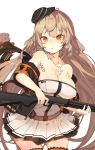  1girl :o ahoge armpit_crease bag bangs belt black_hat black_legwear blush body_writing breasts buckle character_name cleavage cross cross_necklace elbow_rest floating_hair girls_frontline gun hair_between_eyes hair_ornament hairclip hanging_breasts hat high_heels highres holding holding_gun holding_weapon ithaca_m37 ithaca_m37_(girls_frontline) jacket jewelry large_breasts long_hair looking_at_viewer necklace off_shoulder open_clothes open_jacket open_mouth pleated_skirt pump_action red_eyes shiny shiny_skin shotgun shotgun_shells sidelocks simple_background skirt solo standing strap stuffed_animal stuffed_toy teddy_bear thigh-highs unzipped upper_body weapon white_background yugion zipper zipper_pull_tab 