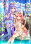  2girls :o blue_eyes blue_hair boots breasts brown_eyes caster_lily circe_(fate/grand_order) commentary_request cup fate/grand_order fate_(series) gloves highres long_hair looking_at_viewer mismatched_footwear multiple_girls pink_hair pixiv_fate/grand_order_contest_2 pointy_ears ponytail skirt small_breasts staff thigh-highs thigh_boots wings yumesaki 