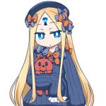  1girl :o abigail_williams_(fate/grand_order) bangs black_bow black_dress black_hat blonde_hair blue_eyes blush bow bug butterfly commentary_request dress eyebrows_visible_through_hair fate/grand_order fate_(series) glowing hair_bow hat insect jitome long_hair long_sleeves looking_at_viewer nanatsume object_hug orange_bow parted_bangs parted_lips polka_dot polka_dot_bow simple_background sleeves_past_fingers sleeves_past_wrists solo stuffed_animal stuffed_toy teddy_bear upper_body very_long_hair white_background 