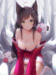  1girl ahoge ahri animal_ears bangs blurry blurry_background blush breasts brown_eyes brown_hair cleavage closed_mouth commentary commission depth_of_field detached_sleeves eyebrows_visible_through_hair fox_ears fox_girl fox_tail kitsune league_of_legends lee_seok_ho long_hair long_sleeves medium_breasts multiple_tails no_shoes outdoors sitting skirt smile snow snow_on_head solo strapless tail tree very_long_hair wariza whisker_markings white_legwear white_skirt 