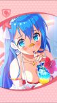  1girl artist_request bandaid bandaid_on_nose bead_bracelet beads blue_eyes blue_hair blush bracelet breasts cleavage drinking drinking_straw framed_image hair_ornament highres jewelry keraunos_(phantom_of_the_kill) long_hair looking_at_viewer necklace official_art phantom_of_the_kill star star_necklace strap_slip swimsuit swimsuit_under_clothes 