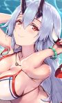  1girl arms_up bikini bracelet breasts cleavage eyeliner fate/grand_order fate_(series) from_above haoni headband horns jewelry large_breasts long_hair looking_up makeup necklace outdoors red_eyes silver_hair smile solo swimsuit tomoe_gozen_(fate/grand_order) tying_headband very_long_hair water white_bikini 