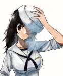  1girl adjusting_headwear bangs black_eyes black_hair black_neckwear blouse closed_mouth commentary dixie_cup_hat frown girls_und_panzer hat hat_over_one_eye long_hair long_sleeves looking_at_viewer meis_(terameisu) military_hat murakami_(girls_und_panzer) neckerchief ooarai_naval_school_uniform sailor sailor_collar school_uniform simple_background sleeves_rolled_up solo standing upper_body white_background white_blouse white_hat 