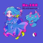  1girl blue_dress blue_hair character_name dress earrings floating floating_hair full_body gen_2_pokemon ghost jewelry long_hair long_sleeves looking_at_viewer mameeekueya misdreavus moemon necklace personification poke_ball pokemon pokemon_(creature) pokemon_number purple_background red_eyes simple_background smile wide_sleeves yellow_footwear 