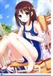  1girl :d absurdres artist_name bag bare_legs barefoot blue_bag blue_eyes blue_sky blue_stripes blue_swimsuit blush body_blush bow bow_bra bra bra_removed brown_hair changing_clothes classroom clouds cloudy_sky collarbone collared_shirt dengeki_moeou desk diagonal-striped_neckwear eyebrows_visible_through_hair eyes_visible_through_hair foot_dangle framed_image highres hiide indoors knees_together_feet_apart knees_up looking_at_viewer necktie off_shoulder official_art open_clothes open_mouth open_shirt original page_number panties panties_under_swimsuit panty_pull pink_bow pink_neckwear scan school_bag school_desk school_swimsuit school_uniform shirt sitting sky smile solo swimsuit tree underwear white_panties white_shirt white_stripes window 