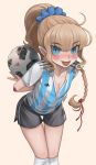  1girl 2018_fifa_world_cup absurdres ahoge argentina ball bandage blonde_hair blue_eyes blush breasts cleavage elf eudetenis full_body hair_ornament hair_ribbon highres holding holding_ball long_hair looking_at_viewer open_mouth original pants pointy_ears ponytail ribbon smile soccer soccer_ball soccer_uniform solo sportswear standing world_cup 