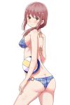  1girl absurdres ass beach_volleyball bikini blue_swimsuit blush breasts brown_eyes brown_hair butt_crack cleavage erect_nipples eyebrows_visible_through_hair feet_out_of_frame from_behind harukana_receive highres kiseeng long_hair looking_at_viewer low-tied_long_hair medium_breasts o-ring o-ring_bikini o-ring_bottom oozora_haruka_(harukana_receive) sideboob simple_background smile solo swimsuit volleyball wet white_background 