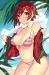  1girl beach bikini black_jacket blue_sky blurry breasts brown_hair chrono_(himadon) cleavage clouds cowboy_shot day depth_of_field front-tie_top green_eyes highres jacket leaf looking_at_viewer lostorage_wixoss medium_breasts open_clothes open_jacket outdoors ril_(wixoss) short_hair sky solo striped striped_bikini swimsuit wixoss 