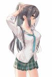  1girl arms_up artist_request bangs black_hair blush breasts cleavage closed_mouth collarbone dress_shirt green_neckwear green_skirt hair_between_eyes high_ponytail idolmaster idolmaster_shiny_colors large_breasts long_hair looking_at_viewer looking_to_the_side loose_necktie mouth_hold necktie plaid plaid_skirt pleated_skirt ponytail school_uniform shirase_sakuya shirt simple_background skirt sleeves_rolled_up solo thighs tying_hair white_background white_shirt yellow_eyes 