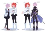  2girls armor armored_boots armored_dress black_legwear black_skirt boots chaldea_uniform en_(enxxx) fate/grand_order fate_(series) fujimaru_ritsuka_(female) gauntlets hair_over_one_eye height_chart height_difference mash_kyrielight multiple_girls pantyhose purple_hair red_eyes redhead short_hair side_ponytail skirt sword violet_eyes weapon white_footwear 