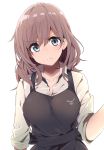  &gt;:( 1girl absurdres apron black_apron blue_eyes breasts brown_hair eyebrows_visible_through_hair frown highres kazenoko large_breasts looking_at_viewer original shirt simple_background solo upper_body white_background white_shirt 