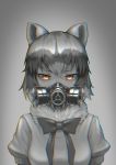  1girl animal_ears bangs blouse bow bowtie brown_eyes chromatic_aberration common_raccoon_(kemono_friends) covered_mouth eyes fur_collar gas_mask greyscale hair_between_eyes kemono_friends looking_at_viewer mask monochrome raccoon_ears short_hair short_sleeves solo spot_color st.takuma upper_body v-shaped_eyebrows 