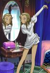  90s arm_up bare_legs bed blonde_hair blue_eyes dressing facial_hair indoors jessica_de_alkirk juliet_sleeves long_hair long_sleeves looking_at_mirror lunar lunar:_the_silver_star markings mirror no_bangs official_art pointy_ears puffy_sleeves reflection standing 