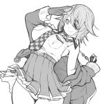  1girl bare_shoulders breasts checkered checkered_neckwear dutch_angle eyepatch fingerless_gloves gloves greyscale hair_between_eyes jacket_on_shoulders kantai_collection kintarou_(kintarou&#039;s_room) large_breasts monochrome necktie panties remodel_(kantai_collection) salute short_hair skirt smile solo tenryuu_(kantai_collection) thigh_gap thighs underwear white_background 