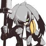  1girl 370ml bangs bird_wings black_gloves black_hair breast_pocket closed_mouth collared_shirt fingerless_gloves gloves green_eyes grey_hair grey_neckwear grey_shirt hair_over_one_eye hand_on_hip hand_up high_contrast holding holding_spear holding_weapon kemono_friends long_hair long_sleeves looking_at_viewer low_ponytail multicolored_hair necktie orange_hair pocket polearm serious shaded_face shirt shoebill_(kemono_friends) short_over_long_sleeves short_sleeves side_ponytail simple_background solo spear upper_body weapon wings 