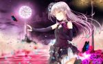  bang_dream! bug butterfly detached_sleeves floating_hair flower hair_between_eyes highres insect lolita_fashion long_hair masa_(mirage77) minato_yukina neck_ribbon night outdoors pleated_skirt purple_flower purple_ribbon purple_rose ribbon rose silver_hair skirt very_long_hair white_skirt yellow_eyes 