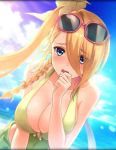  artist_request bent_over blonde_hair blue_eyes blush braid breasts cleavage eyewear_on_head green_swimsuit hair_ornament hand_to_own_mouth huge_breasts ocean official_art open_mouth phantom_of_the_kill ponytail shinobi_nightmare sky sunglasses swimsuit 