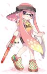  1girl backwards_hat bangs bike_shorts black_hat black_shorts blunt_bangs cherry_blossoms child closed_mouth commentary domino_mask eyebrows_visible_through_hair full_body hat holding holding_weapon ink_tank_(splatoon) inkling inkling_(language) long_hair looking_at_viewer maco_spl mask multicolored multicolored_polka_dots n-zap_(splatoon) pink_eyes pink_hair pointy_ears polka_dot polka_dot_footwear shirt shoes short_sleeves shorts single_vertical_stripe smile solo splatoon splatoon_2 standing standing_on_one_leg t-shirt tentacle_hair very_long_hair visor_cap weapon white_background yellow_shirt 