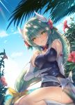  1girl :d blue_swimsuit blush breasts cleavage commentary_request elbow_gloves fate/grand_order fate_(series) flower gloves green_hair highres hinot horns kiyohime_(fate/grand_order) kiyohime_(swimsuit_lancer)_(fate) large_breasts long_hair looking_at_viewer looking_down low-tied_long_hair one-piece_swimsuit open_mouth palm_tree ribbon smile solo swimsuit tree white_gloves yellow_eyes yellow_ribbon 