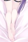  1girl ankles barefoot bed_sheet body_pillow close-up commentary_request dakimakura fate/grand_order fate_(series) feet legs long_hair lying naturalton no_shoes on_bed purple_hair saint_martha saint_martha_(swimsuit_ruler)_(fate) soles solo thigh_strap thighs toes 