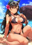  1girl animal_ears anklet arm_support armlet artist_name atago_(azur_lane) azur_lane bangs barefoot beach beach_umbrella bikini bikini_tug black_bikini black_hair black_umbrella blush bracelet breasts brown_eyes cleavage_cutout clouds collarbone day earrings extra_ears eyebrows_visible_through_hair flower grin hair_flower hair_ornament highres hoop_earrings jewelry knee_up large_breasts long_hair looking_at_viewer mole mole_under_eye nail_polish navel outdoors parted_lips partially_submerged red_nails ribbon sakiyamama signature sitting skindentation smile solo sparkle stomach strap_pull sunlight swept_bangs swimsuit tan tanline thighs umbrella wet 