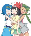  3girls ;d ^_^ beanie black_hair blue_hair blush closed_eyes closed_eyes dark_skin green_eyes green_hair green_shorts hat hug hug_from_behind ixy long_hair mallow_(pokemon) mizuki_(pokemon) multiple_girls one_eye_closed open_mouth pokemon pokemon_(game) pokemon_sm red_hat short_hair short_sleeves shorts simple_background smile suiren_(pokemon) twintails white_background 