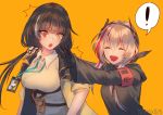  ! 2girls armband artist_name bangs black_gloves black_hair blush closed_eyes eyebrows_visible_through_hair fang girls_frontline gloves hair_between_eyes hand_on_another&#039;s_shoulder happy headgear heterochromia hood hood_down hooded_jacket jacket lanyard long_hair looking_at_another looking_at_viewer m4_sopmod_ii_(girls_frontline) multicolored_hair multiple_girls name_tag open_mouth orange_eyes pink_hair pouch prosthesis prosthetic_arm red_eyes redhead ro635_(girls_frontline) shirt simple_background sleeves_rolled_up smile streaked_hair surprised twintails white_hair xanax025 yellow_background yellow_eyes 