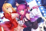  2girls :d ahoge arm_up armpits bangs black_dress blonde_hair blue_eyes blush braid breasts cleavage clenched_teeth commentary curled_horns detached_sleeves dragon_girl dragon_horns dragon_tail dress dutch_angle elizabeth_bathory_(fate) elizabeth_bathory_(fate)_(all) eyebrows_visible_through_hair fang fate/extra fate/extra_ccc fate_(series) gogatsu_fukuin green_eyes hair_between_eyes hair_bun hair_intakes highres holding holding_microphone horn_grab horns juliet_sleeves long_hair long_sleeves looking_at_viewer medium_breasts microphone microphone_stand multiple_girls nero_claudius_(fate) nero_claudius_(fate)_(all) one_eye_closed open_mouth pink_hair puffy_sleeves red_dress sidelocks sleeveless sleeveless_dress sleeves_past_wrists small_breasts smile tail teeth v-shaped_eyebrows very_long_hair wide_sleeves 