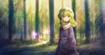  1girl :o arms_at_sides blonde_hair bug butterfly cowboy_shot day dress expressionless forest grass hair_between_eyes hat highres insect lanreta light_particles long_sleeves looking_at_viewer maribel_hearn medium_hair mob_cap nature outdoors purple_dress red_neckwear red_ribbon ribbon solo touhou violet_eyes wide_sleeves 