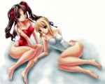  barefoot black_hair blonde_hair casual_one-piece_swimsuit fate/stay_night fate_(series) green_eyes long_hair lying multiple_girls one-piece_swimsuit saber swimsuit tohsaka_rin toosaka_rin twintails 