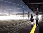  black_hair hand_holding holding_hands inaba_taiju long_hair original power_lines railroad_tracks train_station 