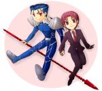  1girl akiha bazett_fraga_mcremitz couple fate/hollow_ataraxia fate/stay_night fate_(series) formal gae_bolg holding_hands lancer long_hair mole pant_suit polearm ponytail short_hair spear suit weapon 