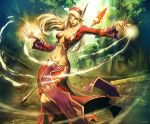  blonde_hair elf genzoman mage magic midriff pointy_ears skirt slender staff warcraft wide_hips world_of_warcraft 