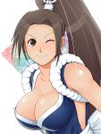  breasts brown_eyes brown_hair cleavage fatal_fury huge_breasts king_of_fighters kuro_(pixiv122395) large_breasts long_hair looking_at_viewer ponytail shiranui_mai smile snk solo wink xxkuroxx 