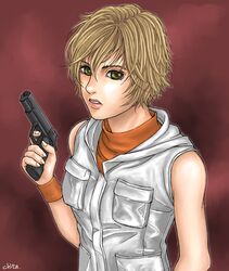  brown_eyes chita_(artist) gun heather_mason lipstick short_hair silent_hill silent_hill_3 sleeveless sleeveless_turtleneck turtleneck vest weapon wristband 